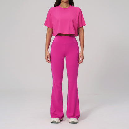 🌸 Women's 2-Piece Activewear Set: Cropped Tee & High-Waisted Flared Pants 🧘‍♀️