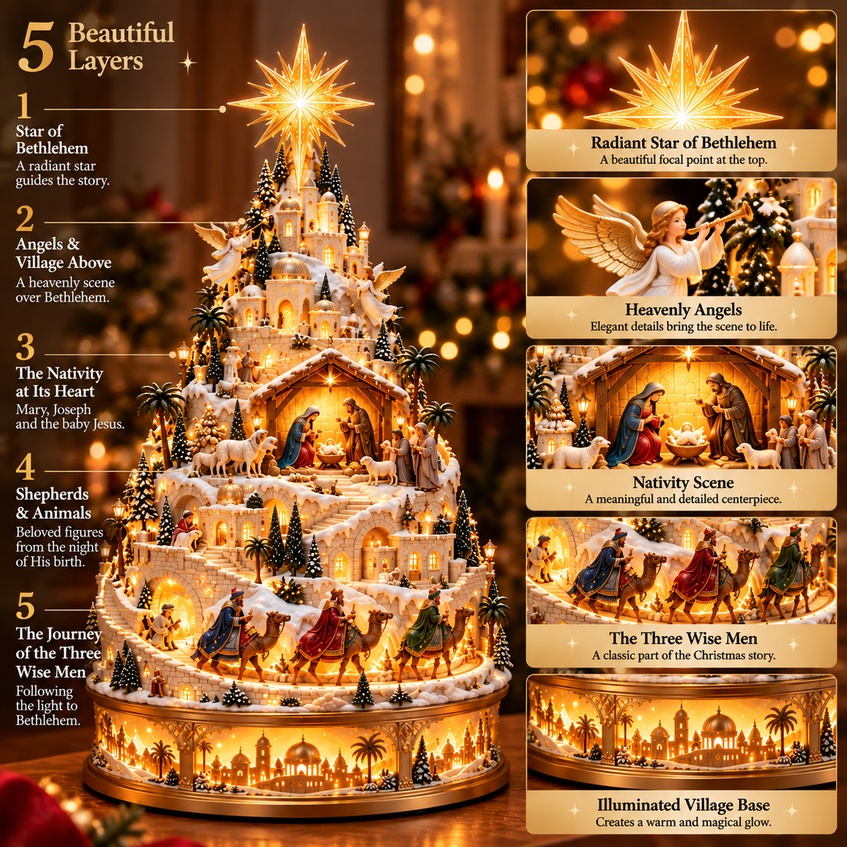✝️ Lighted Nativity Christmas Village – Bethlehem Scene with Warm LED Lights