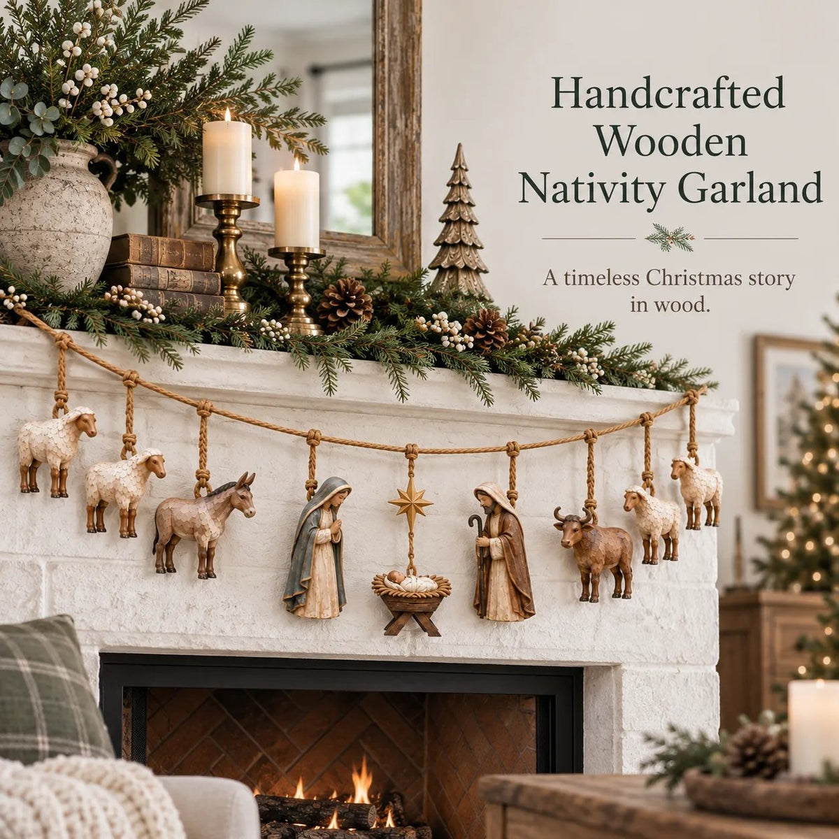 🎄 Handcrafted Wooden Nativity Garland – Rustic Christmas Decor