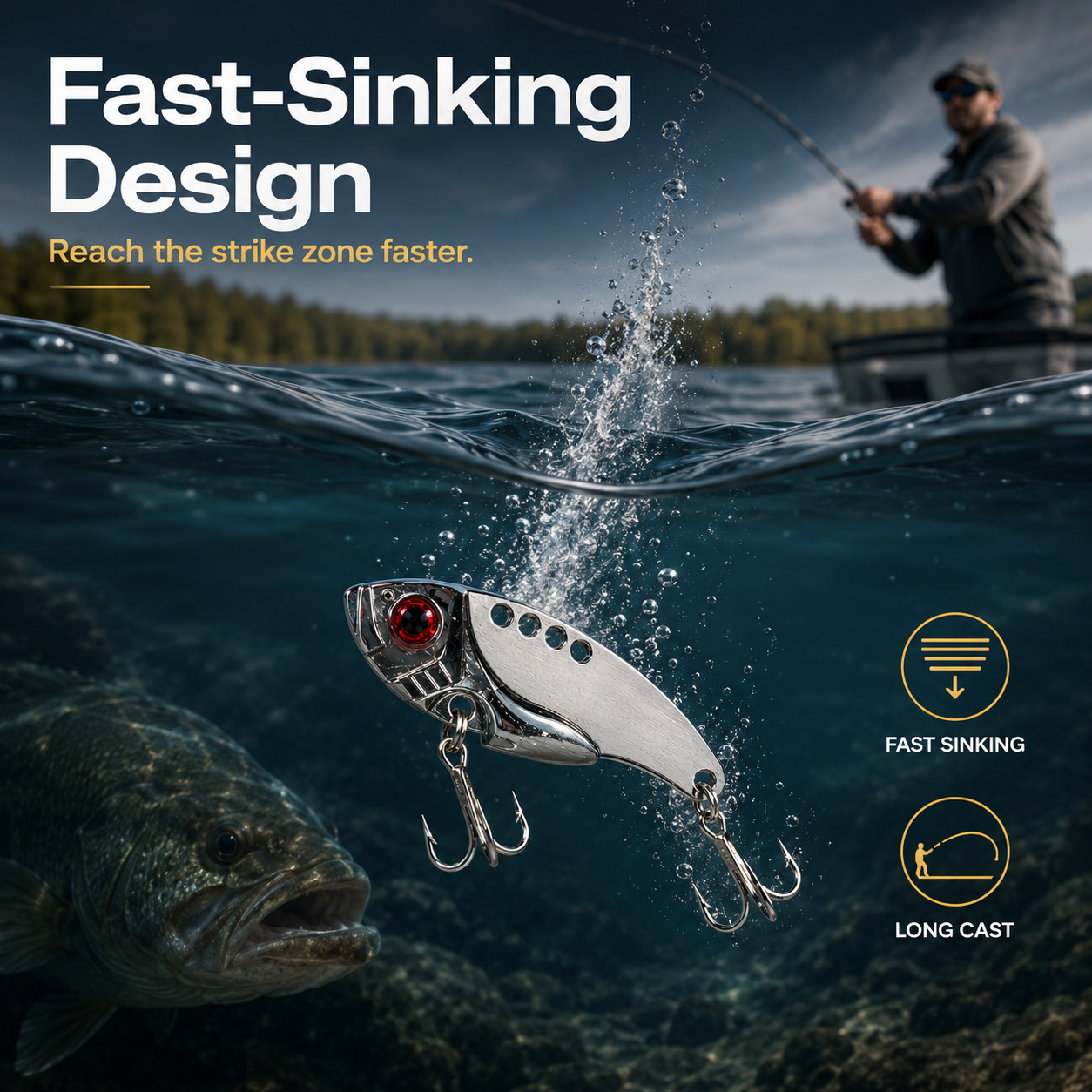 Blade-style lure with 3D red eyes; a rigid, action-adjustable spoon-style lure