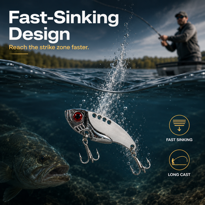 Blade-style lure with 3D red eyes; a rigid, action-adjustable spoon-style lure