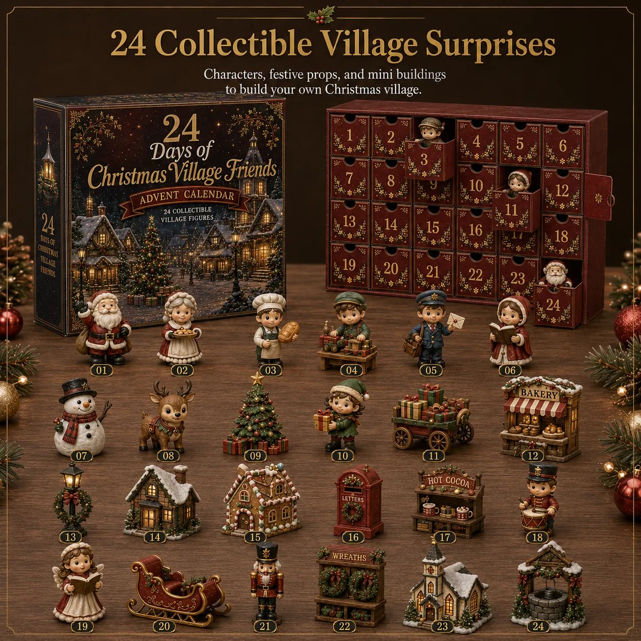 🎄 24 Days of Christmas Village Friends Advent Calendar – Miniature Holiday Town Set ✨