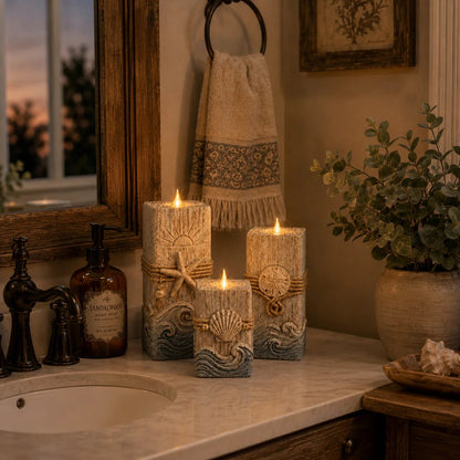 🔥 HOT SALE 🔥🌊 Coastal Wooden LED Candle Set of 3 with Remote & Timer 🕯️