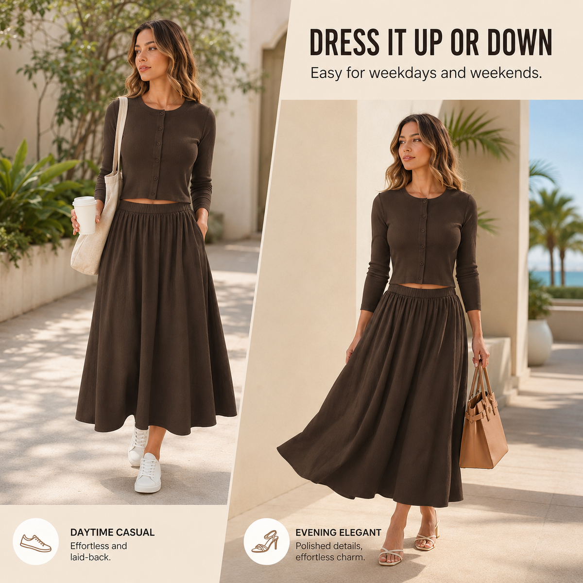 👗 Women's 2-Piece Ribbed Cardigan & Flowing Skirt Set ✨