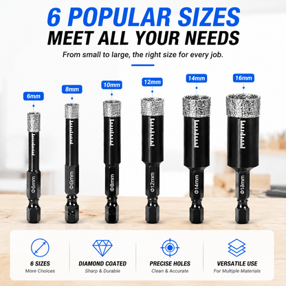 💎 6-Piece Vacuum-Brazed Diamond Drill Bit Set for Tile, Glass & Granite 🛠️