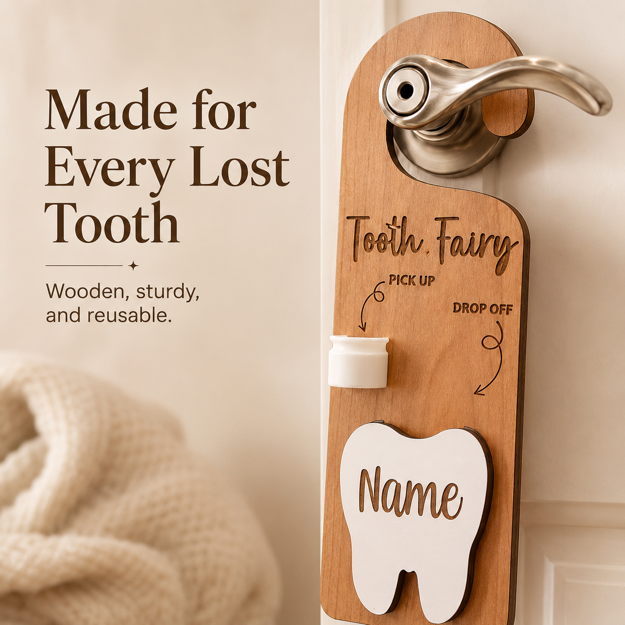 🧚 Personalized Wooden Tooth Fairy Door Hanger with Money Pocket 🦷