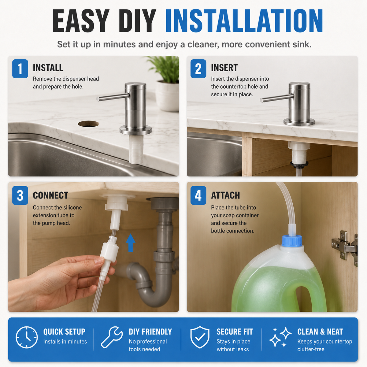 🧽 Built in Kitchen Sink Soap Dispenser Extension Tube Kit with Check Valve 💧