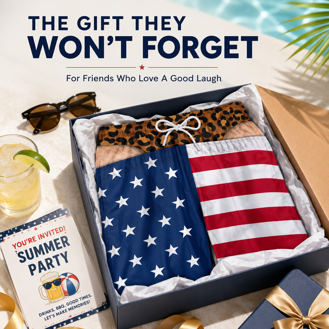 BUY 2 GET FREE SHIPPING 🚚💨 | 🇺🇸 Faux Leopard Thong Patriotic Swim Shorts 🩳