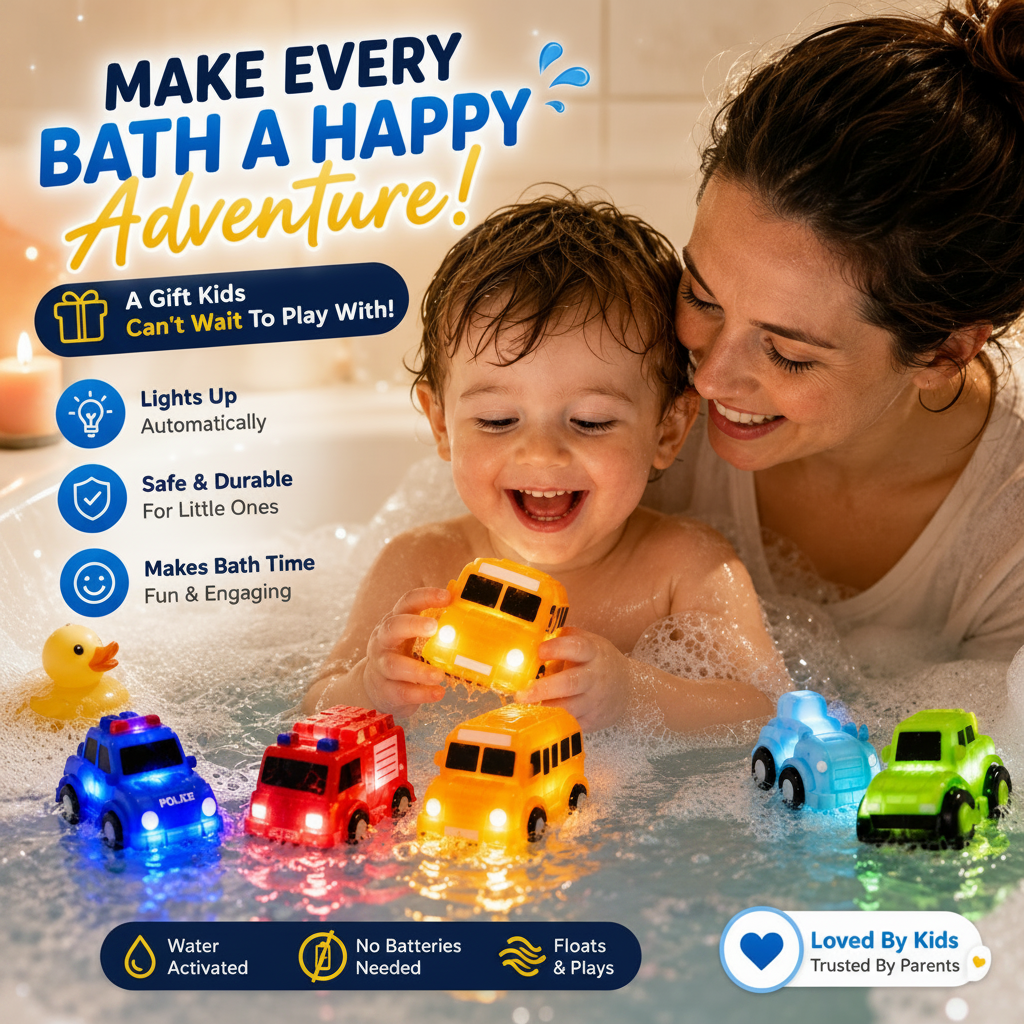 🚗 Water-Activated Light-Up Vehicle Toys – 6PCS Glowing Bath & Pool Play Set ✨