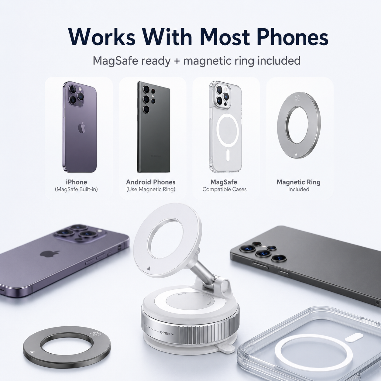 📱 360° Adjustable MagSafe Car Phone Holder for Dashboard & Smooth Surfaces