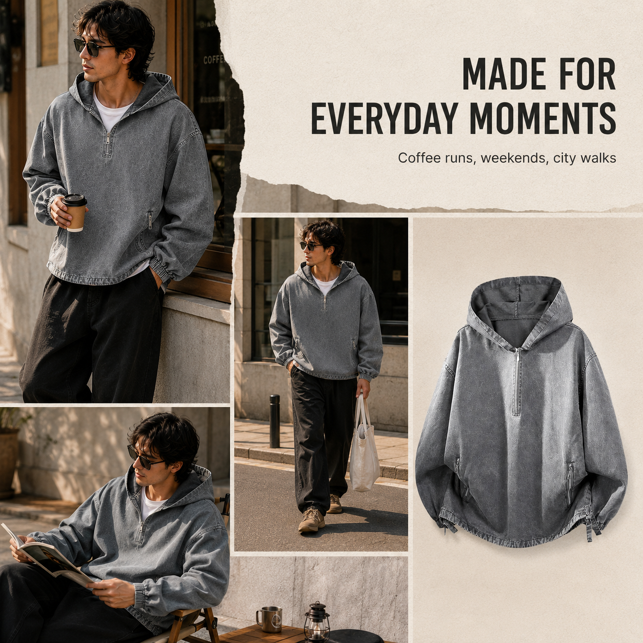 🧥 100% Cotton Vintage Washed Half-Zip Hoodie – Relaxed Fit Pullover ✨