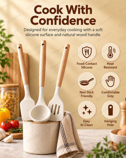 🍳 Flexible Silicone Kitchen Utensils – 3-Piece Wood Handle Cooking Set