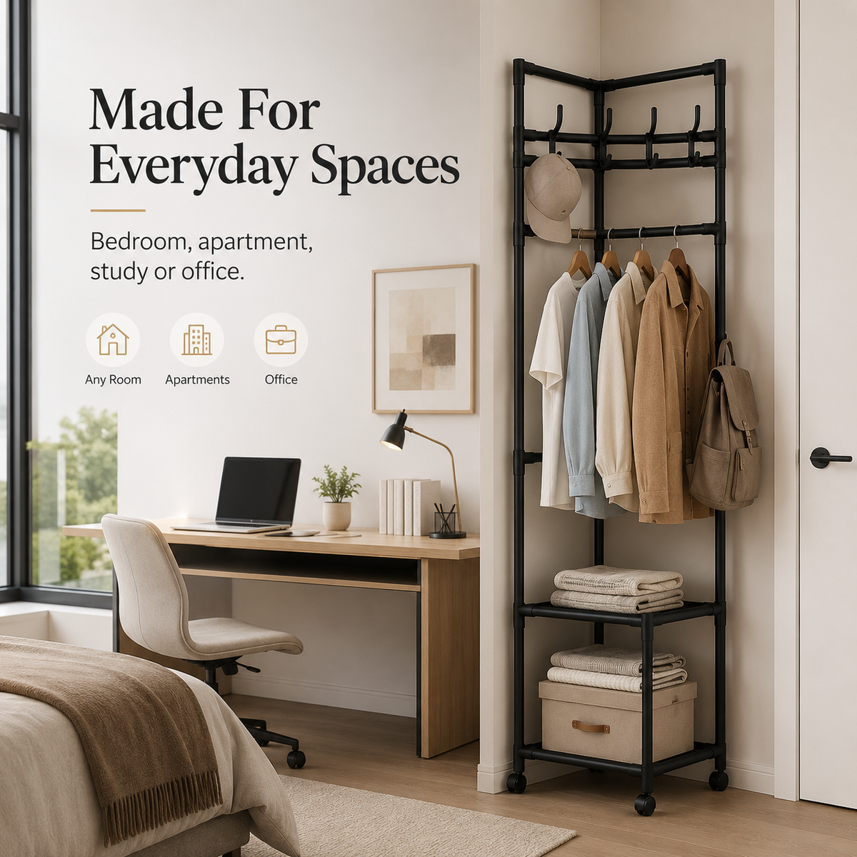👗 Freestanding Corner Garment Rack with Wheels & Storage Shelves 👠