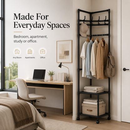 👗 Freestanding Corner Garment Rack with Wheels & Storage Shelves 👠