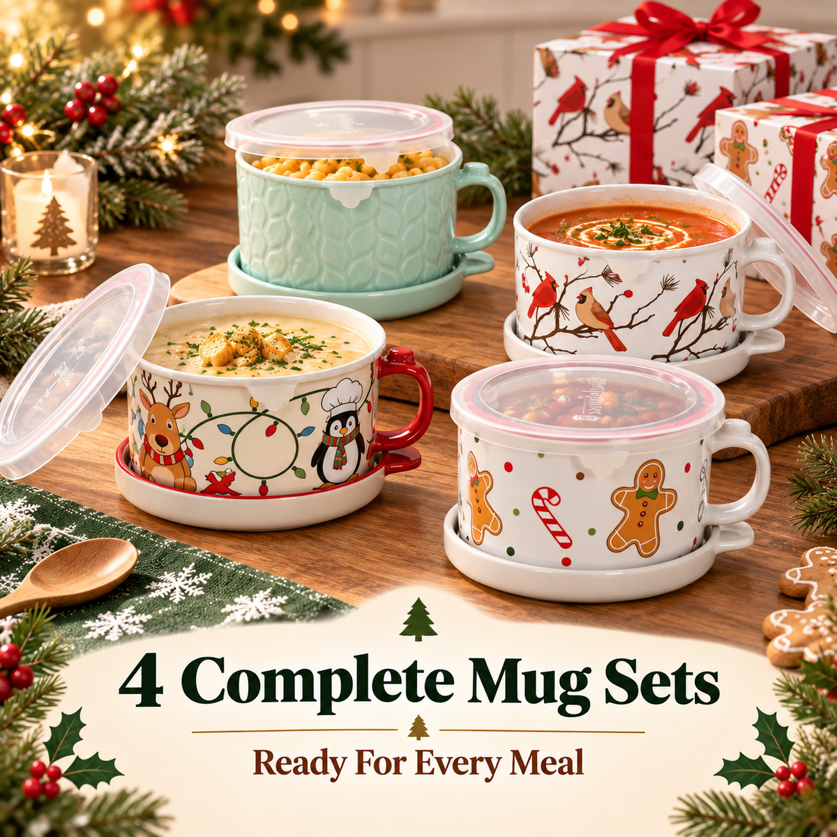 🥣 4-Piece 25-oz Ceramic Soup Mug Meal Sets with Lid-its & Storage Covers 🎁
