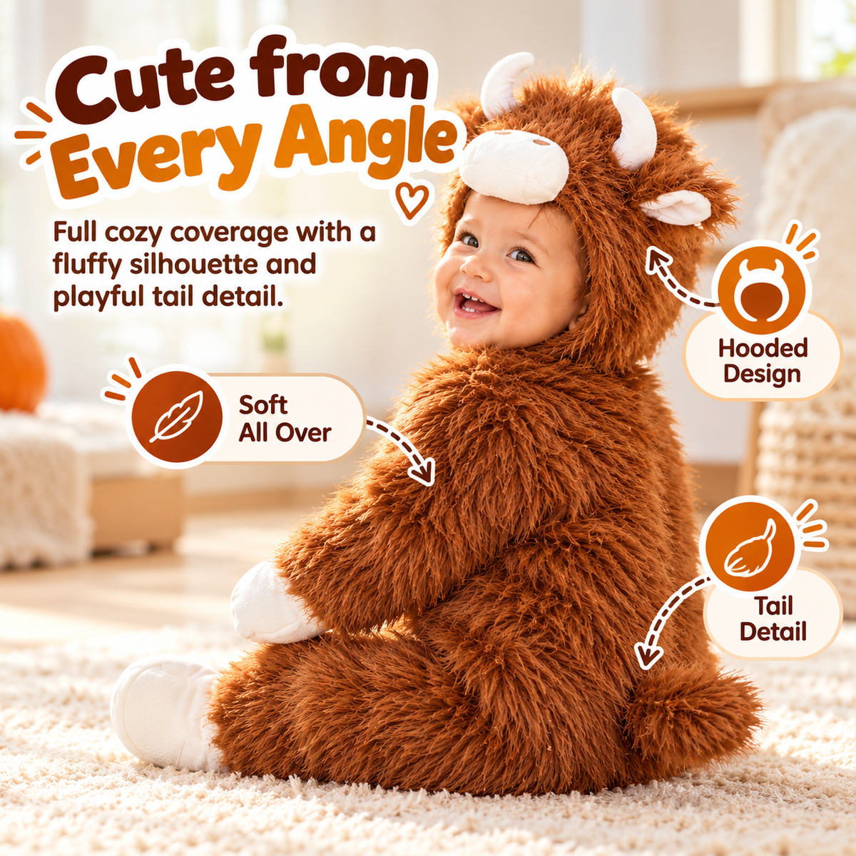 🦬 Baby Buffalo Halloween Costume – Cozy Plush Hooded Animal Jumpsuit for First Halloween Photos