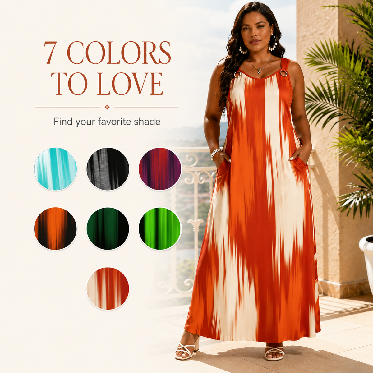 💃 Women's Sleeveless Printed Ring-Strap Loose Maxi Dress with Pockets 🌴