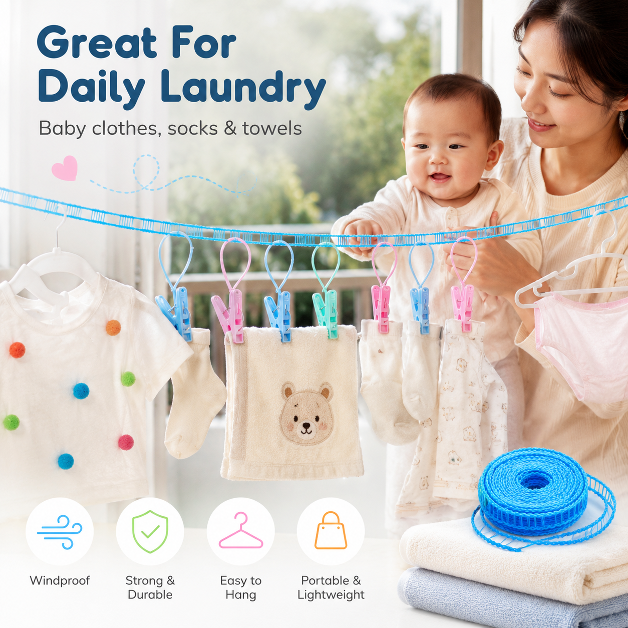 🌬️ Portable Windproof Clothesline – Anti-Slip Drying Rope for Travel, Balcony & Small Spaces