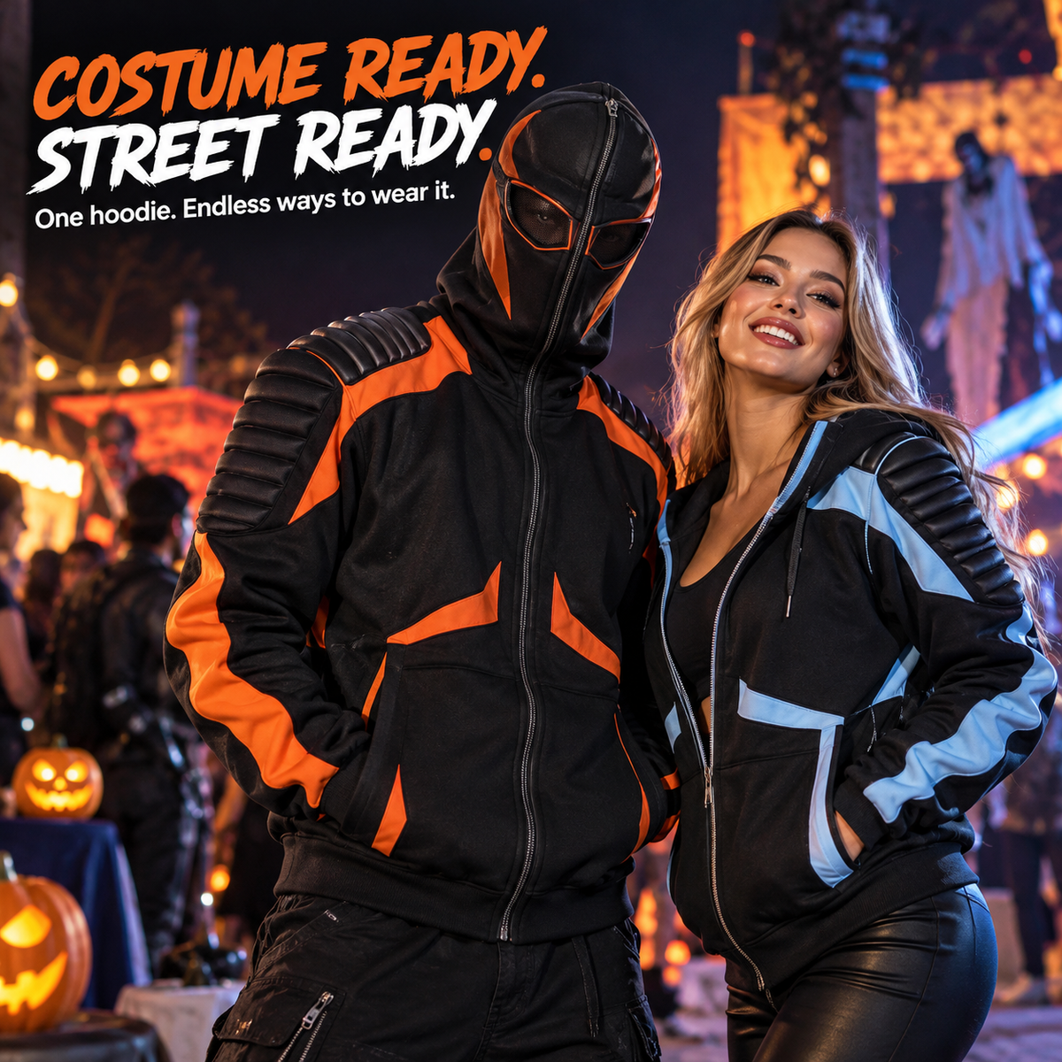 🔥 Full-Face Zip Hoodie – Armor-Inspired Fleece Streetwear with Quilted Shoulders