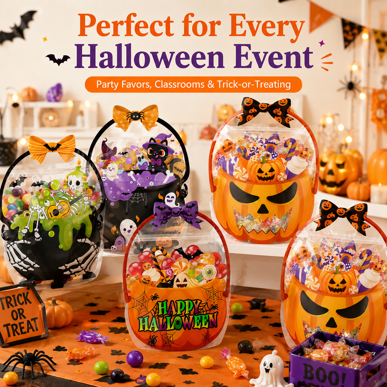 🎃 50-Piece Resealable Halloween Treat Bags with Handles for Candy 🍬