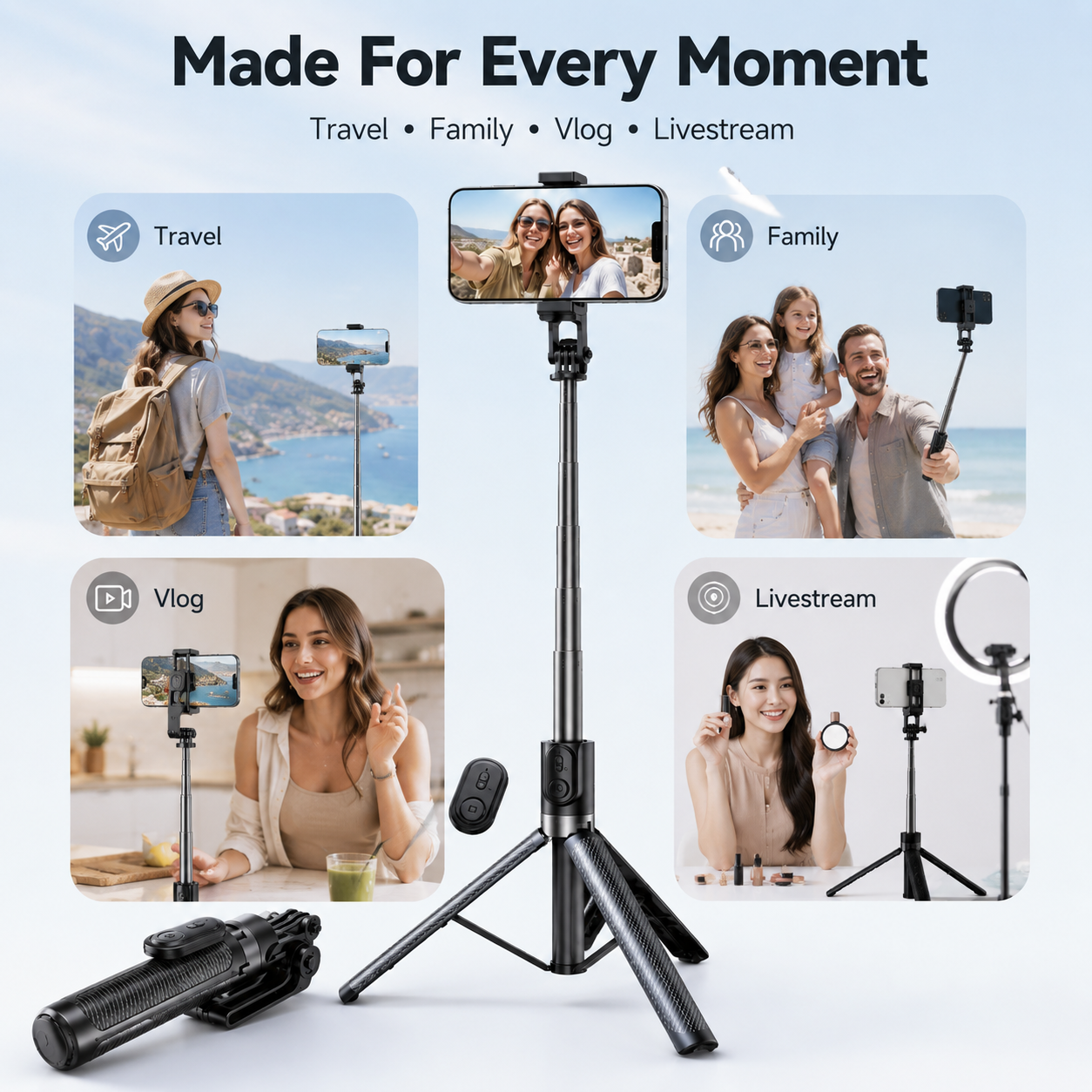 📸 1.88m Extendable Selfie Stick Tripod with Wireless Bluetooth Remote 📱