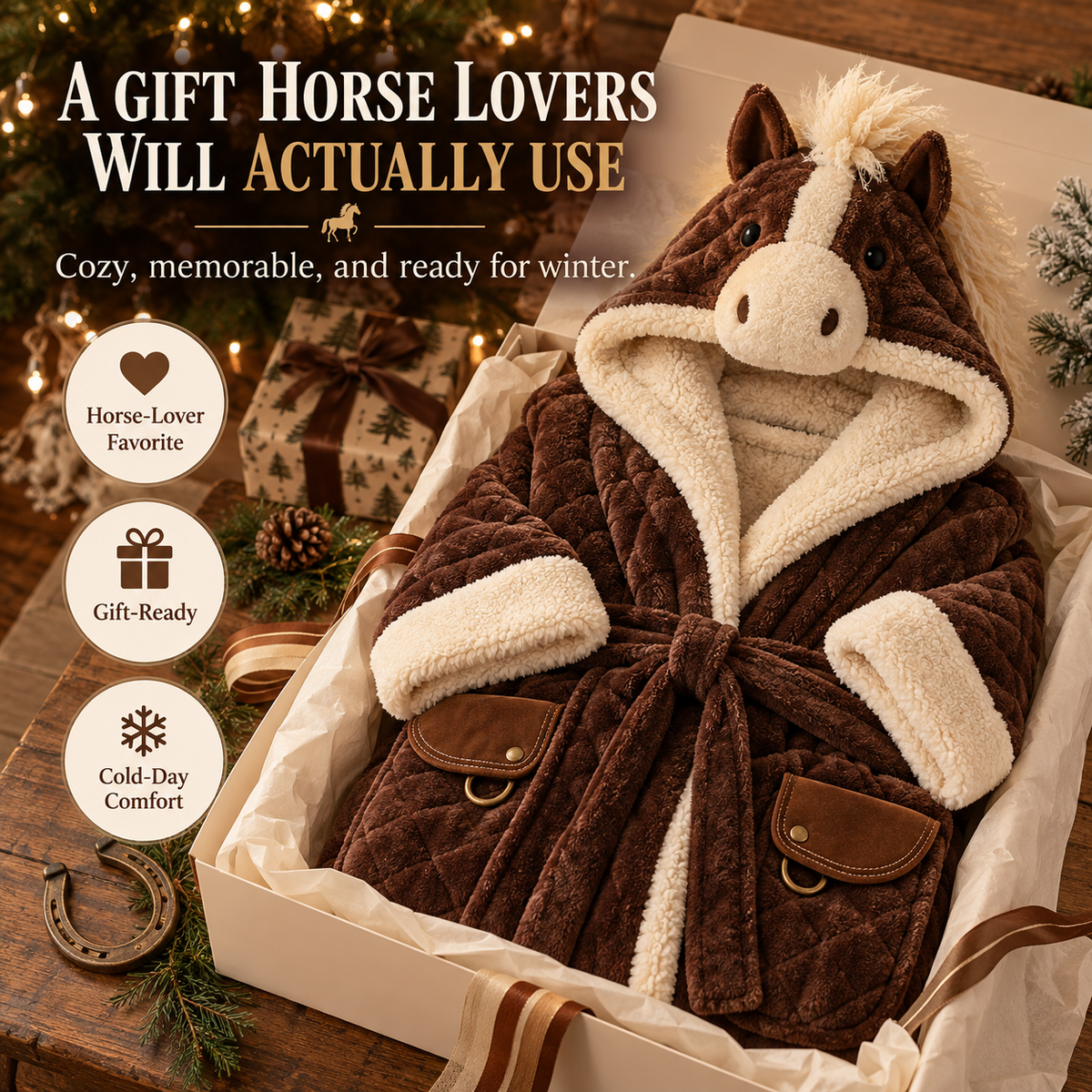 🐴 Horse Lover Plush Robe – Full-Length Sherpa-Lined Cozy Hooded Bathrobe