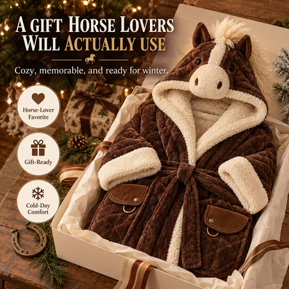 🐴 Horse Lover Plush Robe – Full-Length Sherpa-Lined Cozy Hooded Bathrobe