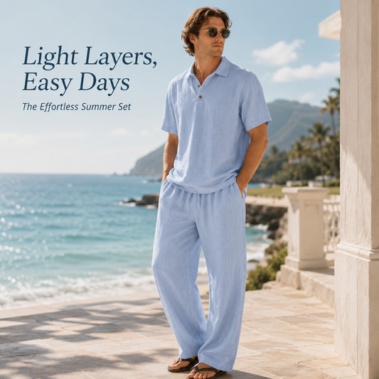 🌿 Men's 2-Piece Linen Outfit Set • Breathable Short-Sleeve Polo Shirt & Relaxed Pants 🏖️