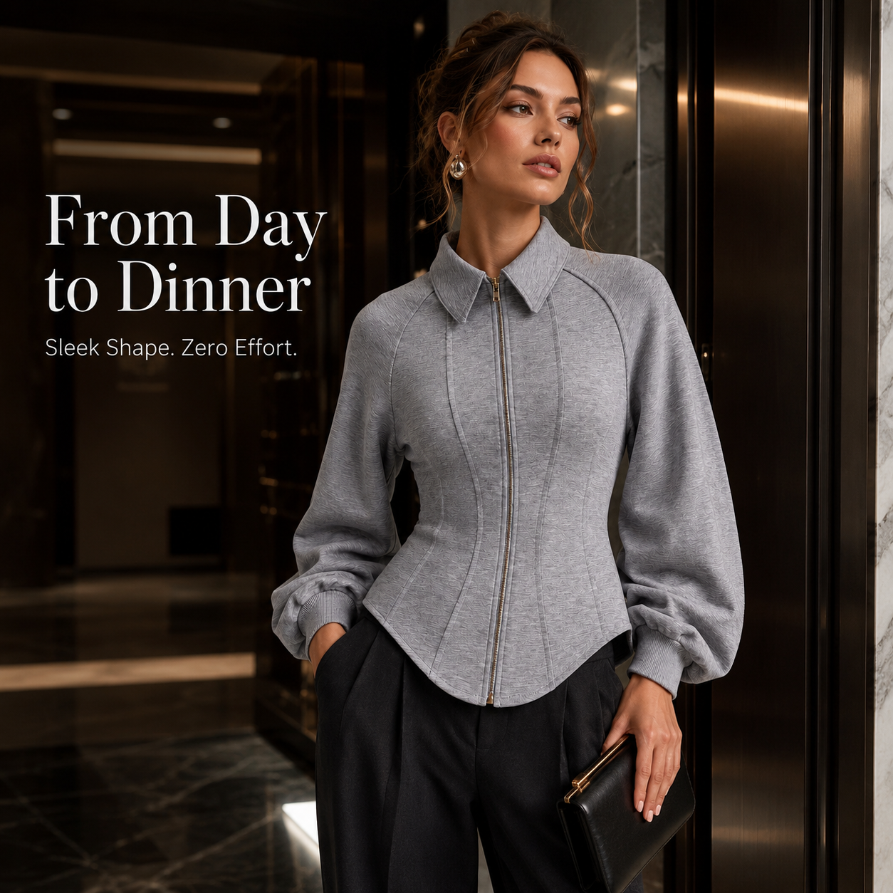 🧥 Womens Sculpted Grey Zip Jacket Corset Paneling Long Sleeve Streetwear Coat ✨
