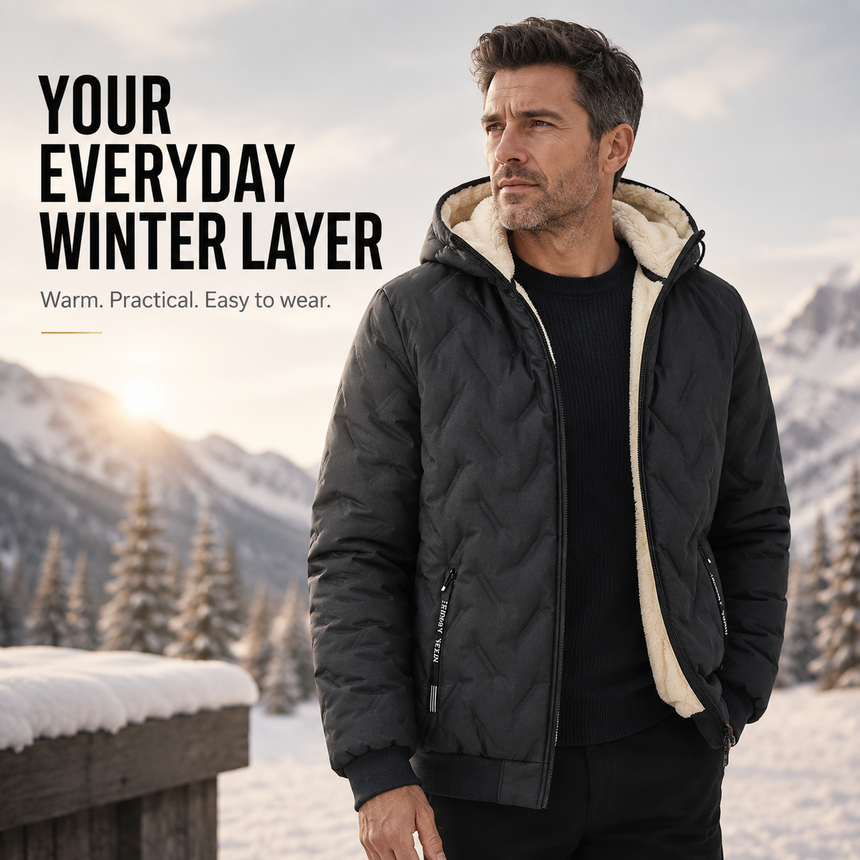 🧥 Men's Wool-Lined Hooded Winter Jacket with Zipper Pockets ❄️