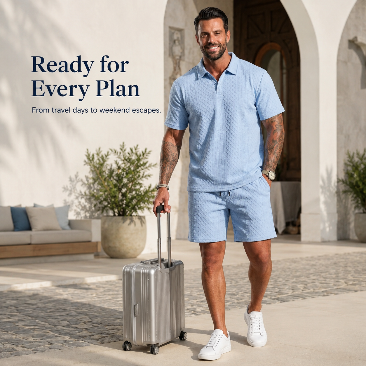 👔 Mens Textured Short Sleeve Polo Shirt and Drawstring Shorts 2 Piece Set 🩳