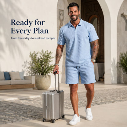 👔 Mens Textured Short Sleeve Polo Shirt and Drawstring Shorts 2 Piece Set 🩳