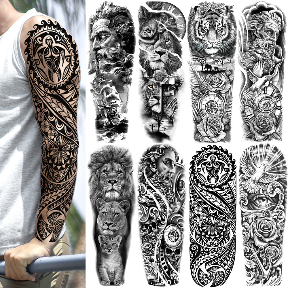 🔥 76 Pcs Tribal Temporary Tattoo Set - Wolf, Lion & Skull | Instant Forearm Sleeve | Zero Pain 🐺✨