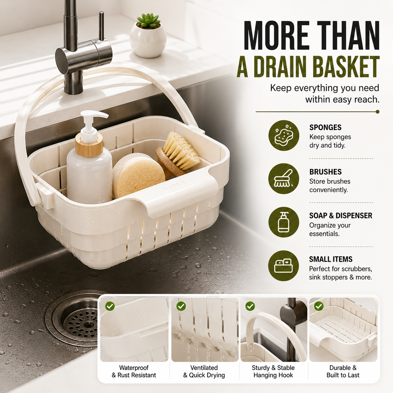 ✨ SpaceFold  Foldable Sink Drain Basket | Hanging Strainer & Organizer 💧