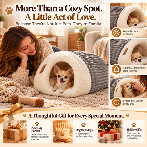 🐾 Cozy Cave Dog Bed – Plush Sherpa Hideaway with Soft Cushion & Non-Slip Bottom
