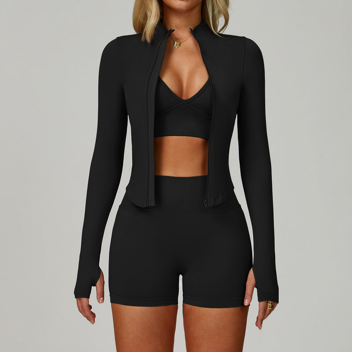 🏋️ Women's 3-Piece Compression Activewear Set – Zip Jacket, Bra & Crossover Shorts ✨