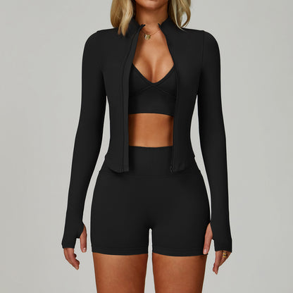 🏋️ Women's 3-Piece Compression Activewear Set – Zip Jacket, Bra & Crossover Shorts ✨