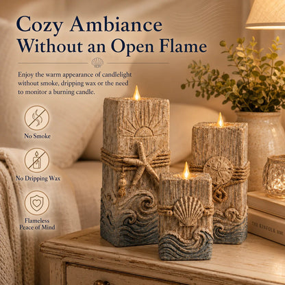 🔥 HOT SALE 🔥🌊 Coastal Wooden LED Candle Set of 3 with Remote & Timer 🕯️