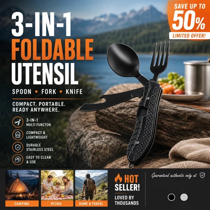 🏕️ 4-In-1 Folding Camping Utensil Set – Spoon, Fork, Knife & Bottle Opener