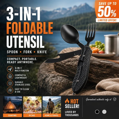 🏕️ 4-In-1 Folding Camping Utensil Set – Spoon, Fork, Knife & Bottle Opener