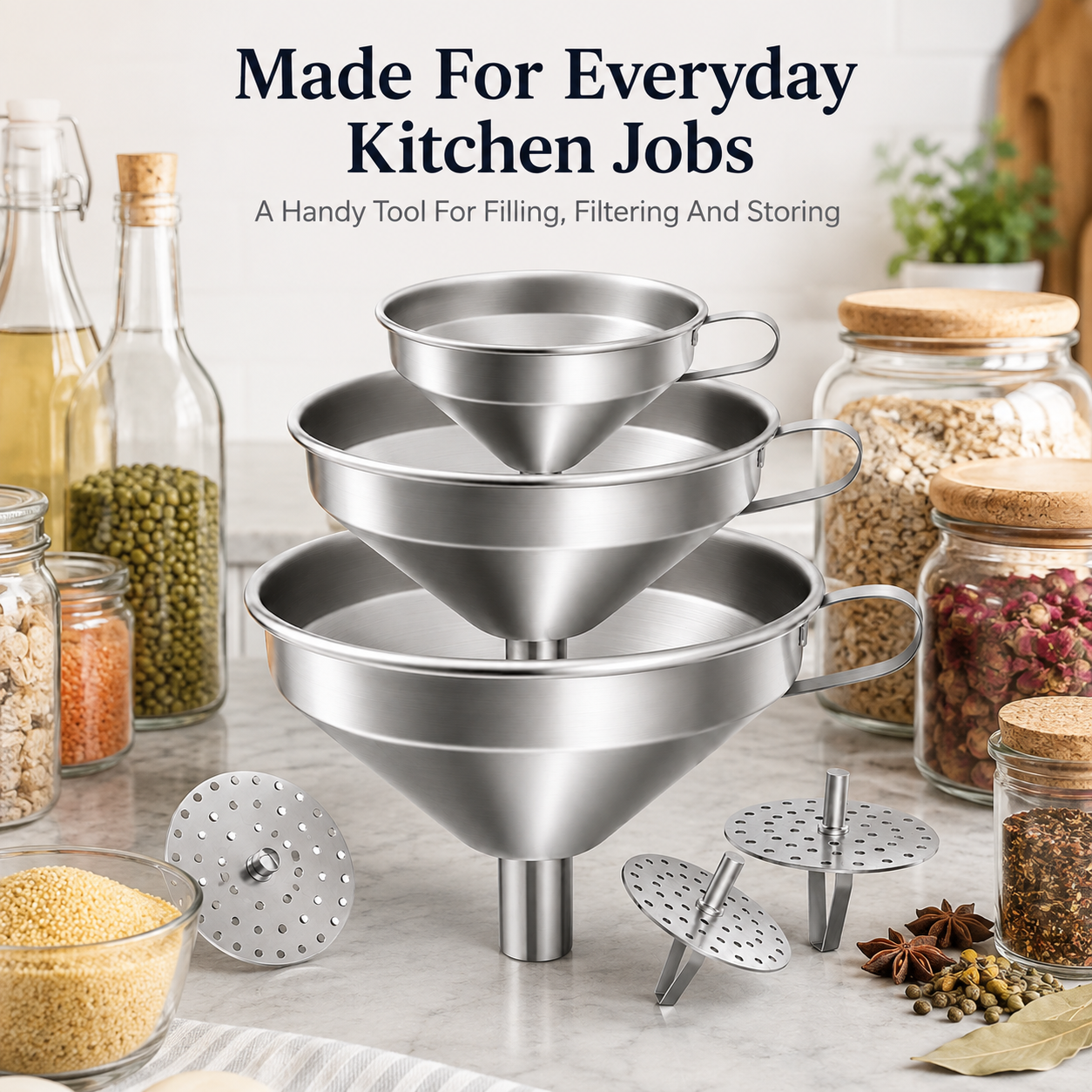 Stainless steel funnel, suitable for transferring oils and liquids; kitchen funnel with a brush