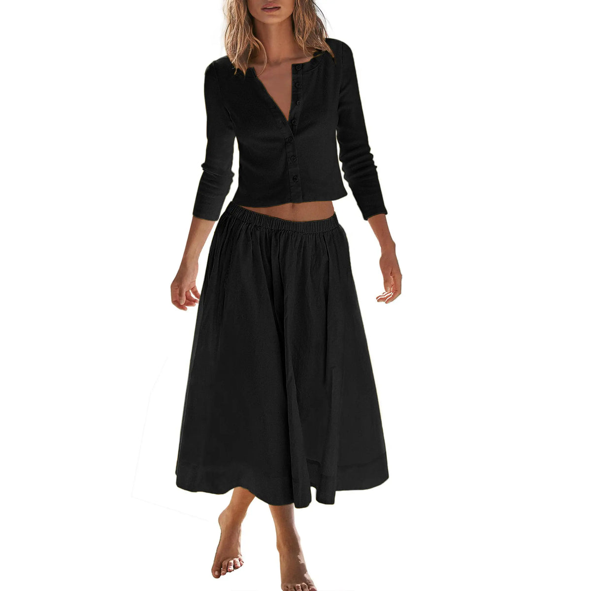 👗 Women's 2-Piece Ribbed Cardigan & Flowing Skirt Set ✨