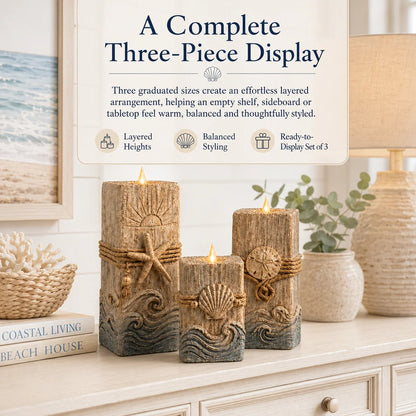 🔥 HOT SALE 🔥🌊 Coastal Wooden LED Candle Set of 3 with Remote & Timer 🕯️