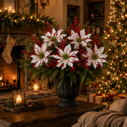 🎄 Set of 6 Christmas Poinsettia Planter Insert Picks – Red & White Holiday Urn Decor 🌺