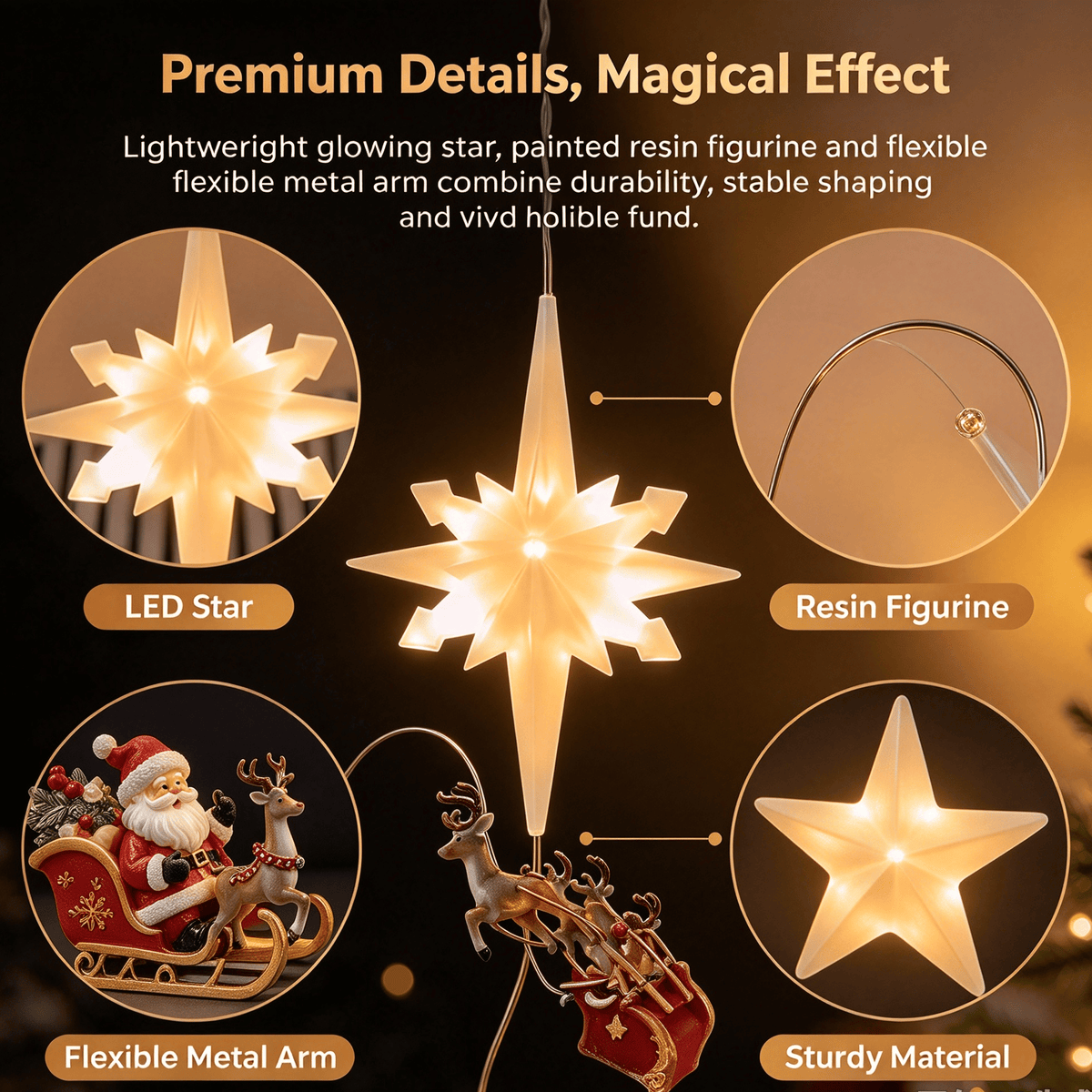 🎅 Lighted Santa Sleigh Christmas Tree Topper – Moravian LED Star with Bendable Flying Arm