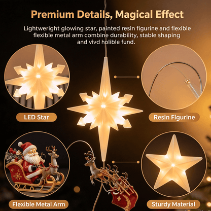 🎅 Lighted Santa Sleigh Christmas Tree Topper – Moravian LED Star with Bendable Flying Arm