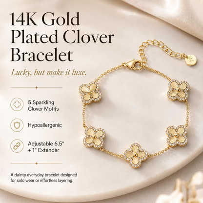 🍀 14K Gold Plated Clover Bracelet for Women – Adjustable Hypoallergenic Lucky Jewelry Gift ✨
