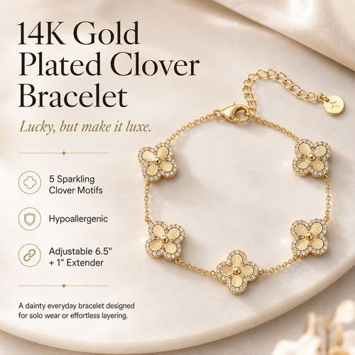 🍀 14K Gold Plated Clover Bracelet for Women – Adjustable Hypoallergenic Lucky Jewelry Gift ✨