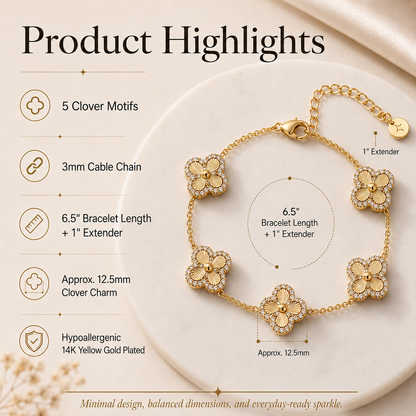 🍀 14K Gold Plated Clover Bracelet for Women – Adjustable Hypoallergenic Lucky Jewelry Gift ✨