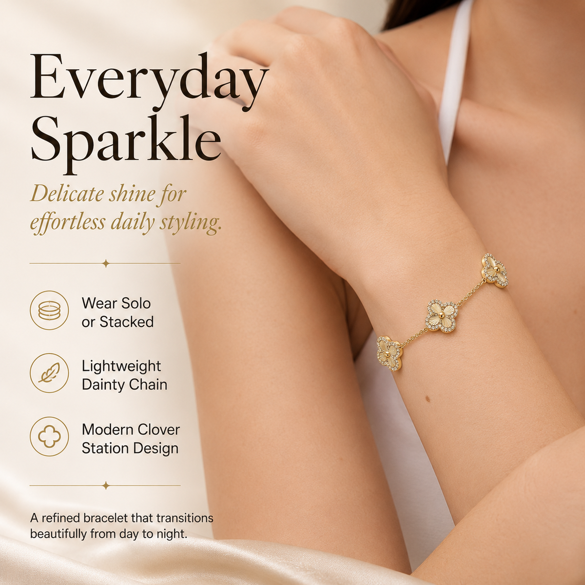 🍀 14K Gold Plated Clover Bracelet for Women – Adjustable Hypoallergenic Lucky Jewelry Gift ✨
